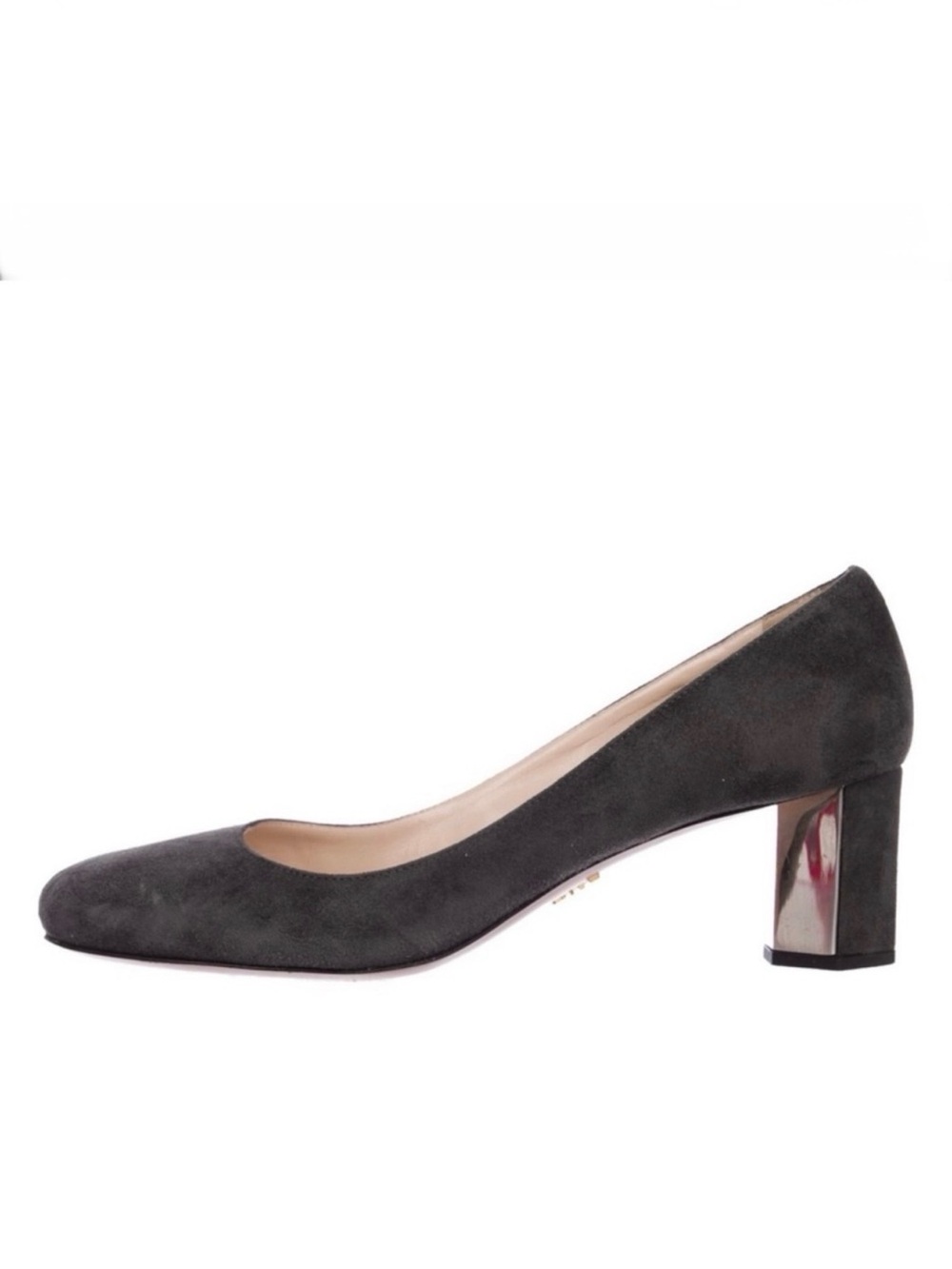EUC Prada Suede Pumps, Metal Hexagon Block Heels, Gray, size 37.5, US 7.5